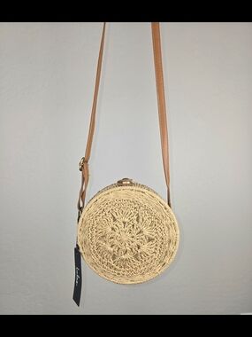 Lulu's Natural Woven Round Crossbody with Tan Strap